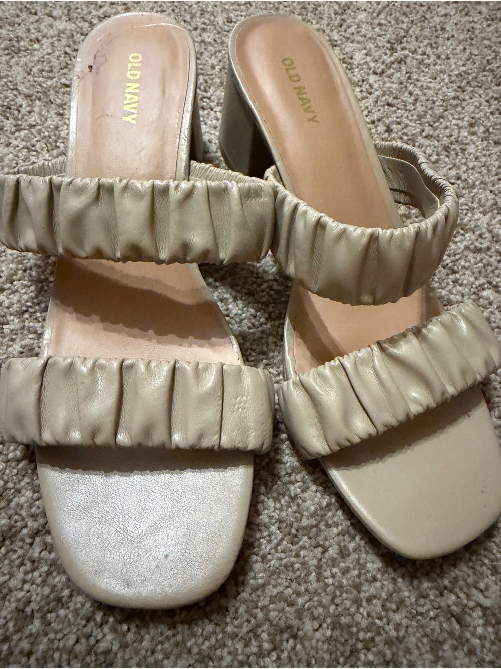 Old Navy Women's Light Cream Ruched Double-Strap Block Heel Mules